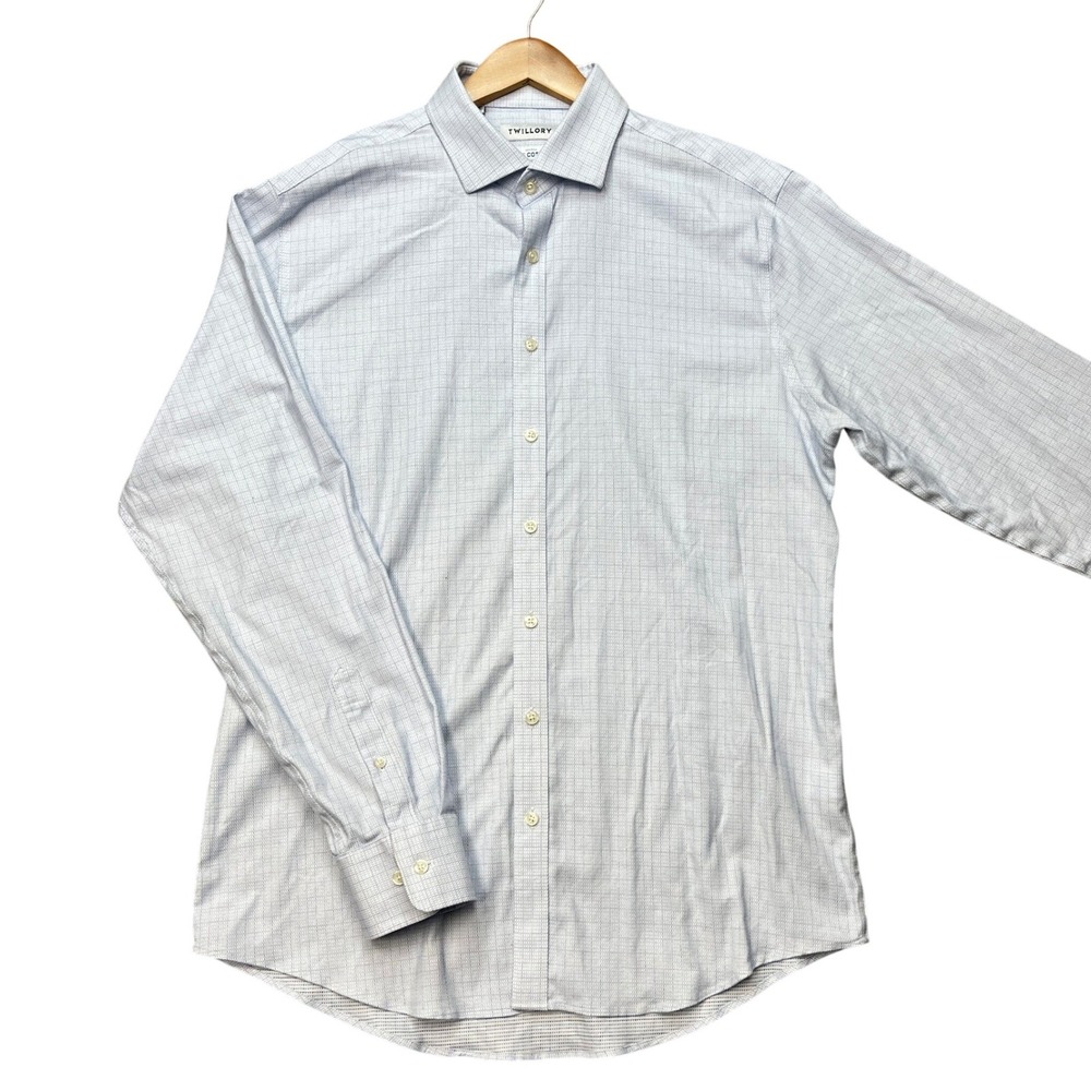 Twillory Button Down Dress Shirt Mens 17 36/37 Blue Micro Grid Stretch Trim Fit